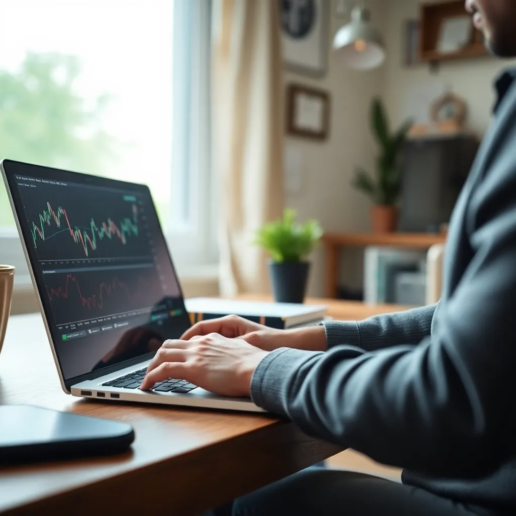 Persoon die op laptop ETF koersen bekijkt met grafiek op scherm