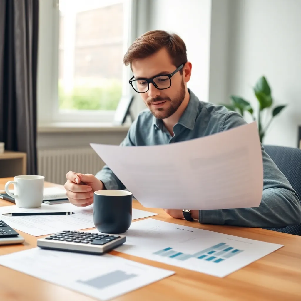 Persoon sorteert administratie en financiële documenten in georganiseerde mappen