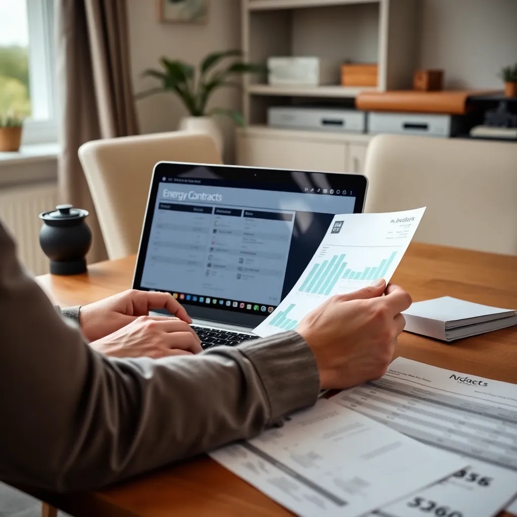 Persoon vergelijkt energiecontracten op laptop met rekeningen ernaast