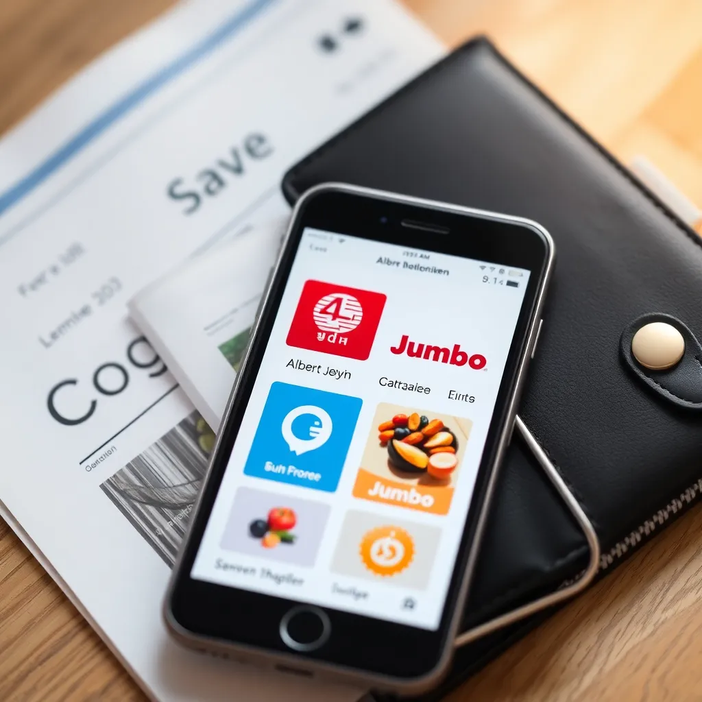 Smartphone met Nederlandse supermarkt-apps op het scherm